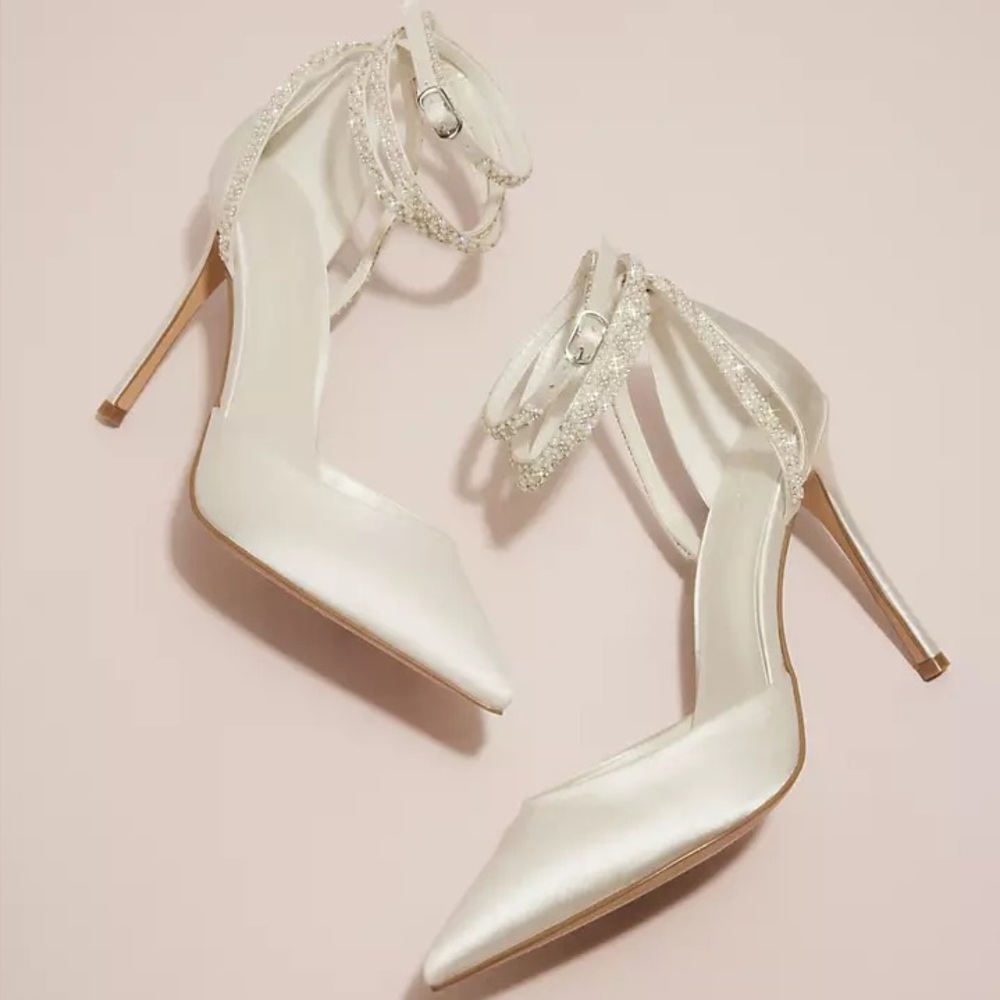 Elegant White Pointed Satin Heels with Crystal Ankle Straps